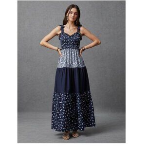 Boho Ditsy Floral Long Dress With Tie Waist, Ruffled Hem Blue